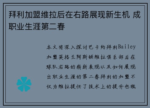 拜利加盟维拉后在右路展现新生机 成职业生涯第二春 拜利加盟维拉后在右路展现新生机 成职业生涯第二春