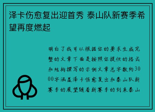 泽卡伤愈复出迎首秀 泰山队新赛季希望再度燃起