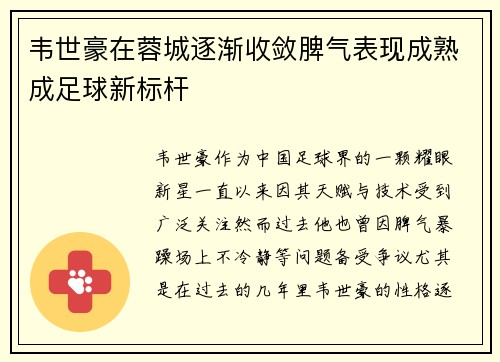 韦世豪在蓉城逐渐收敛脾气表现成熟成足球新标杆